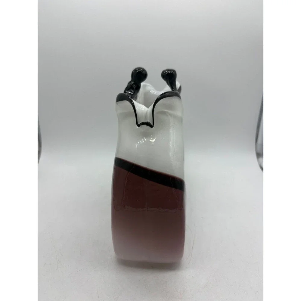Vintage Murano Style Art Glass Vase White Burgundy Black Hand Blown Purse Pocket